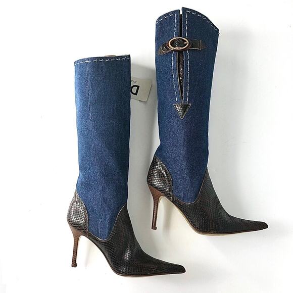 Vintage Dolce and Gabbana Denim Snakeskin Tall Pointed Toe Heeled Boots 35 - Picture 5 of 9